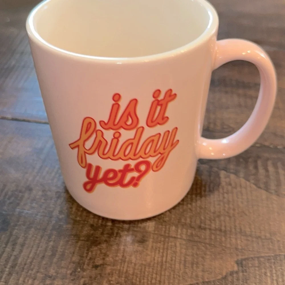 Is it Friday yet pink ceramic coffee mug